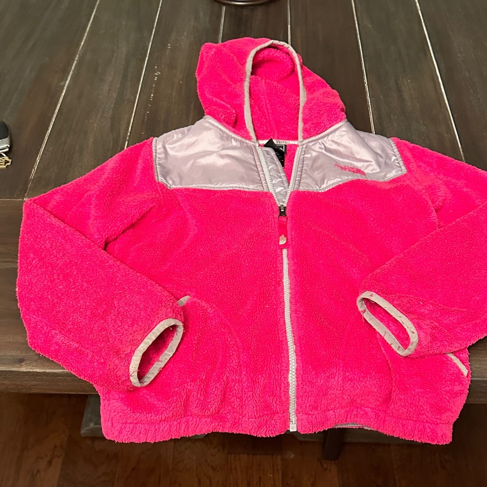 Girls North Face Pink and Silver Hooded Jacket Size Medium (10-12)